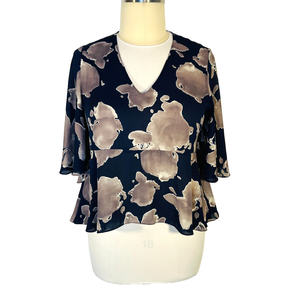 Suzanne Betro - Peplum Blouse Women's L Navy Beige Large Print Abstract Flared